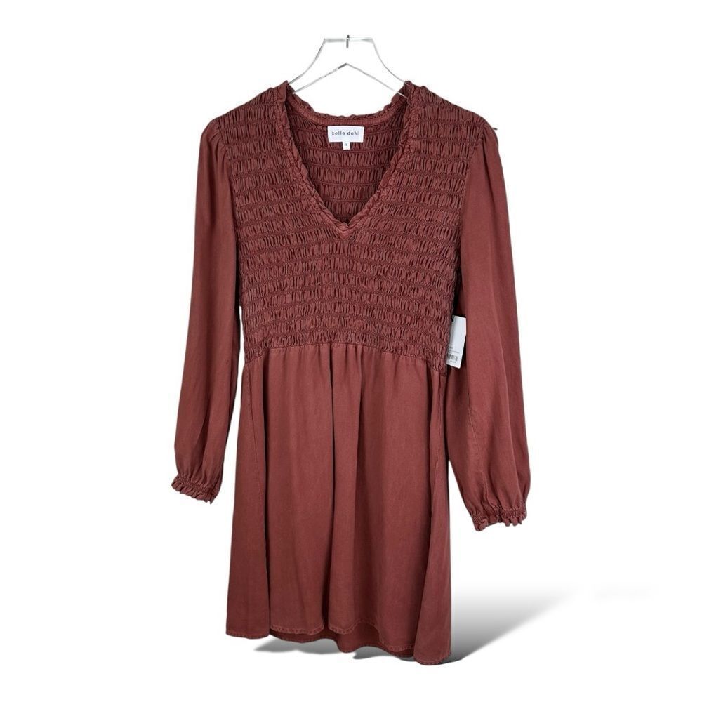 BELLA DAHL Rose Pink Smocked Long Sleeve‎ Mini-Length Dress Small